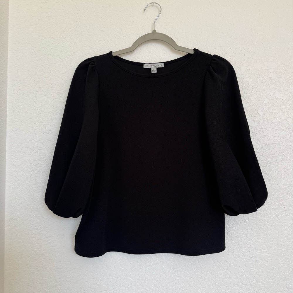 Green Envelope Black Balloon Puff Sleeve Textured Blouse